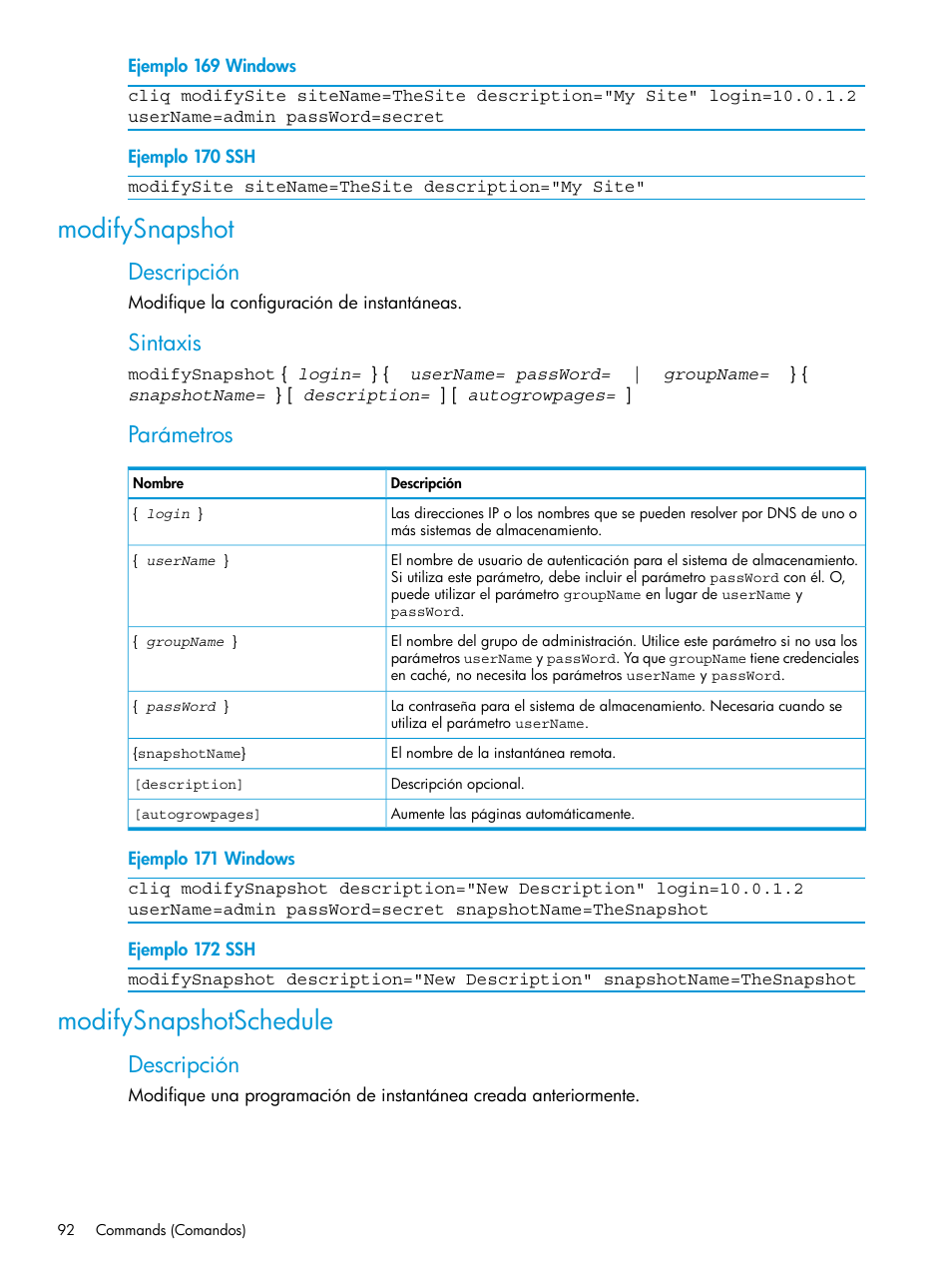 Modifysnapshot, Modifysnapshotschedule, Modifysnapshot modifysnapshotschedule | Descripción, Sintaxis, Parámetros | HP Software de dispositivo HP LeftHand P4000 Virtual SAN User Manual | Page 92 / 127
