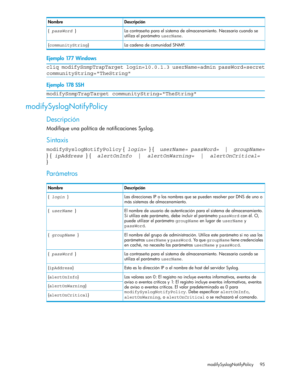 Modifysyslognotifypolicy, Descripción, Sintaxis | Parámetros | HP Software de dispositivo HP LeftHand P4000 Virtual SAN User Manual | Page 95 / 127