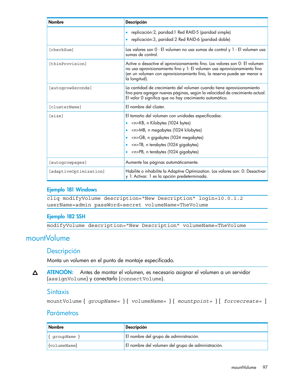 Mountvolume, Descripción, Sintaxis | Parámetros | HP Software de dispositivo HP LeftHand P4000 Virtual SAN User Manual | Page 97 / 127