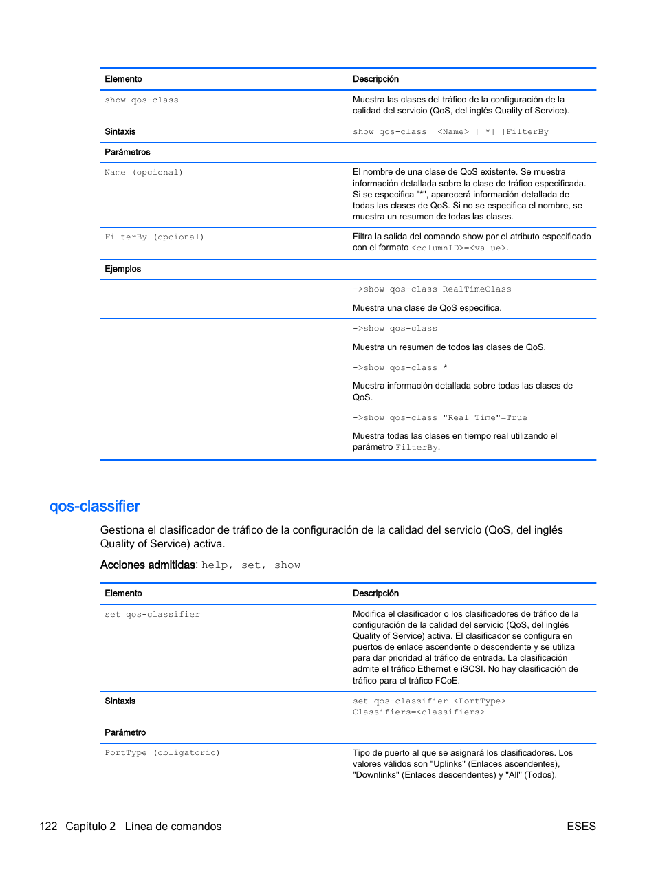 Qos-classifier, 122 capítulo 2 línea de comandos eses | HP Módulo de conexión virtual HP Flex-10.10D para sistema Blade clase-c User Manual | Page 129 / 281