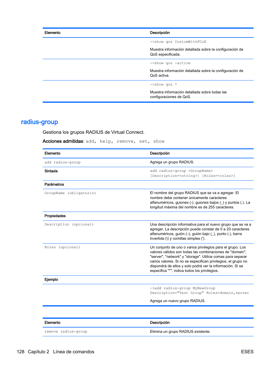 Radius-group, 128 capítulo 2 línea de comandos eses | HP Módulo de conexión virtual HP Flex-10.10D para sistema Blade clase-c User Manual | Page 135 / 281