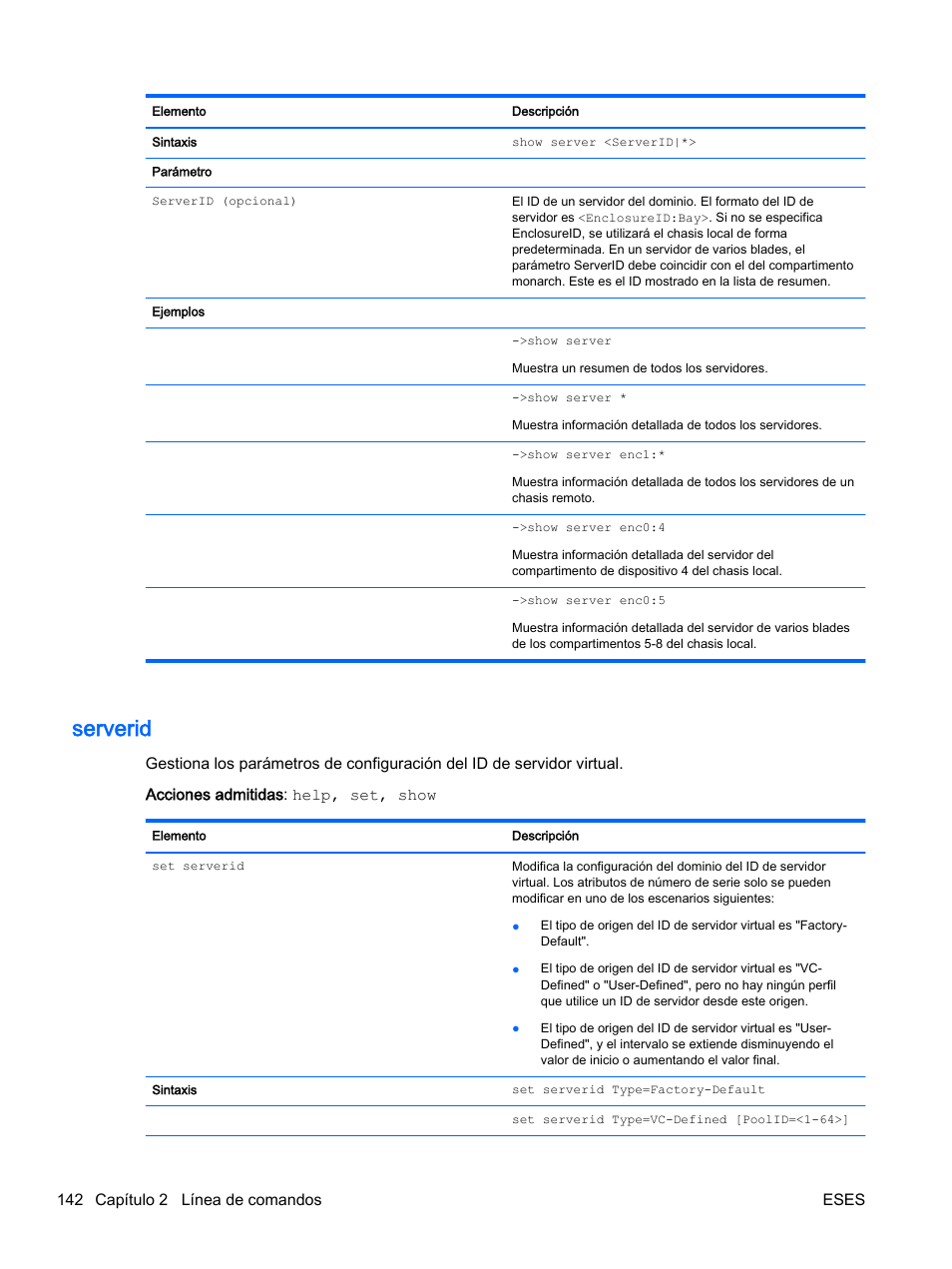Serverid, 142 capítulo 2 línea de comandos eses | HP Módulo de conexión virtual HP Flex-10.10D para sistema Blade clase-c User Manual | Page 149 / 281