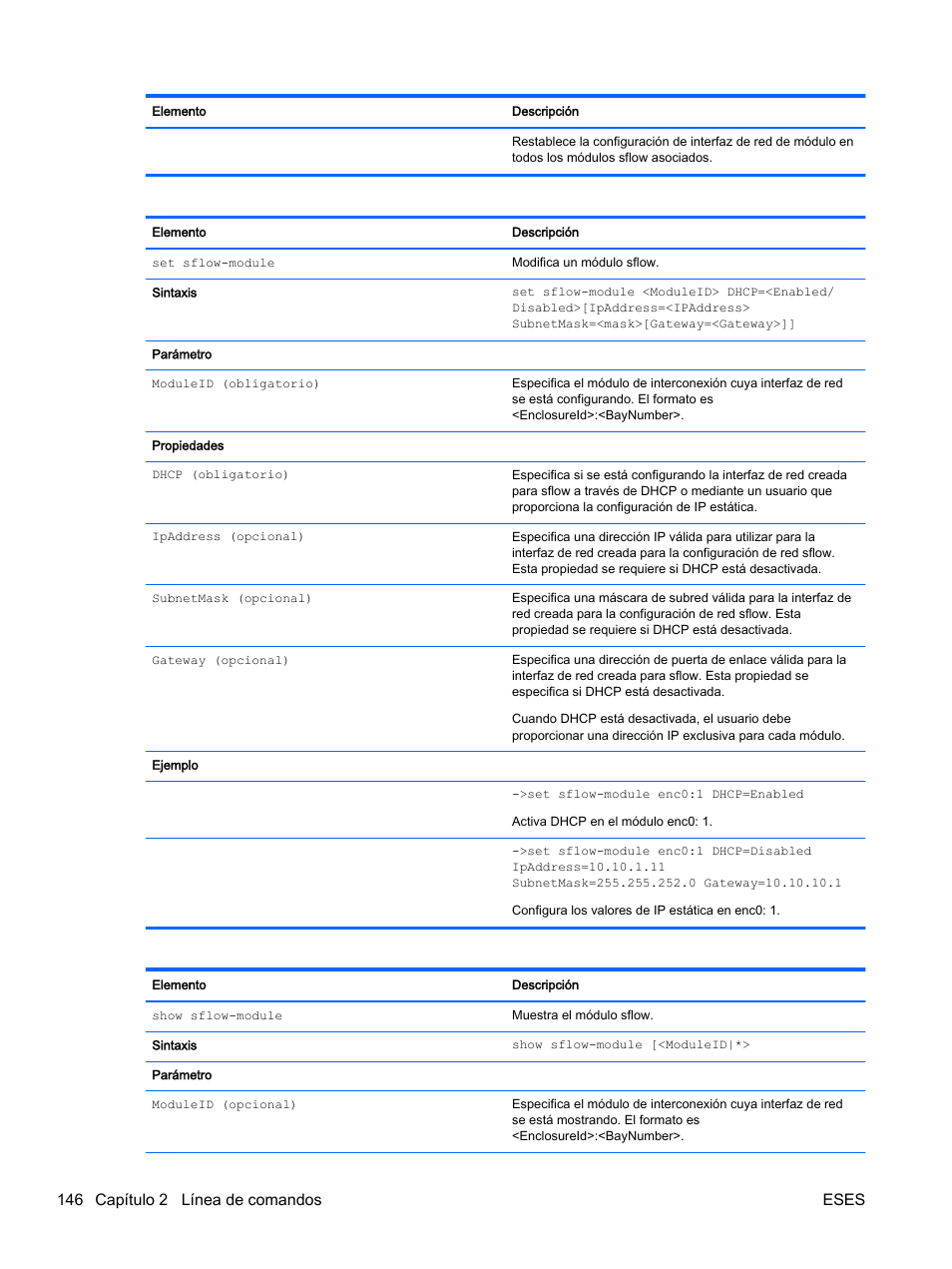 146 capítulo 2 línea de comandos eses | HP Módulo de conexión virtual HP Flex-10.10D para sistema Blade clase-c User Manual | Page 153 / 281