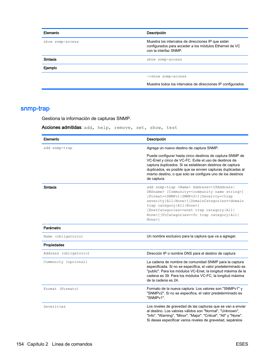 Snmp-trap, 154 capítulo 2 línea de comandos eses | HP Módulo de conexión virtual HP Flex-10.10D para sistema Blade clase-c User Manual | Page 161 / 281