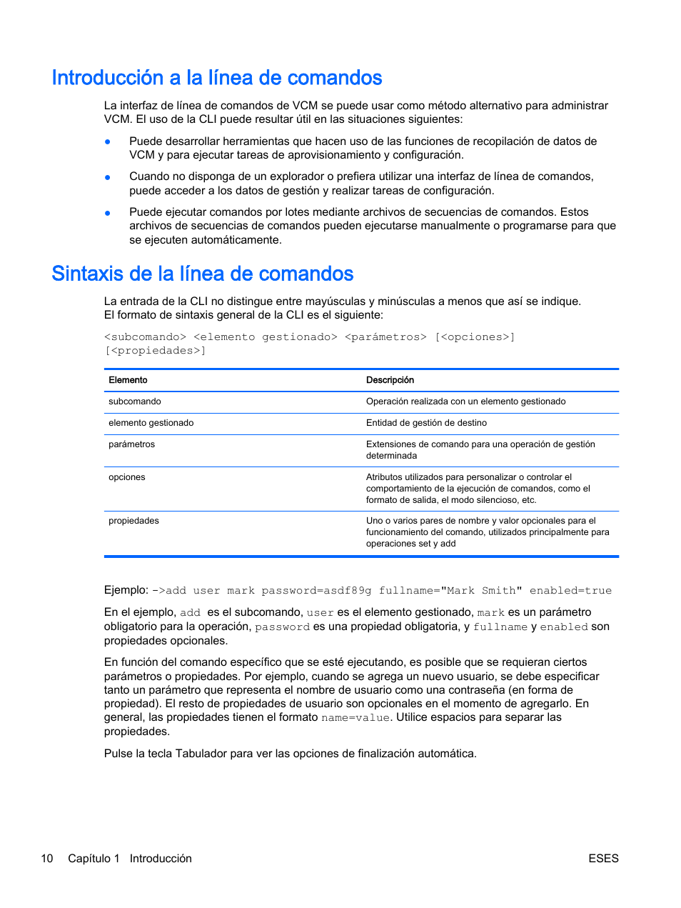 Introducción a la línea de comandos, Sintaxis de la línea de comandos | HP Módulo de conexión virtual HP Flex-10.10D para sistema Blade clase-c User Manual | Page 17 / 281