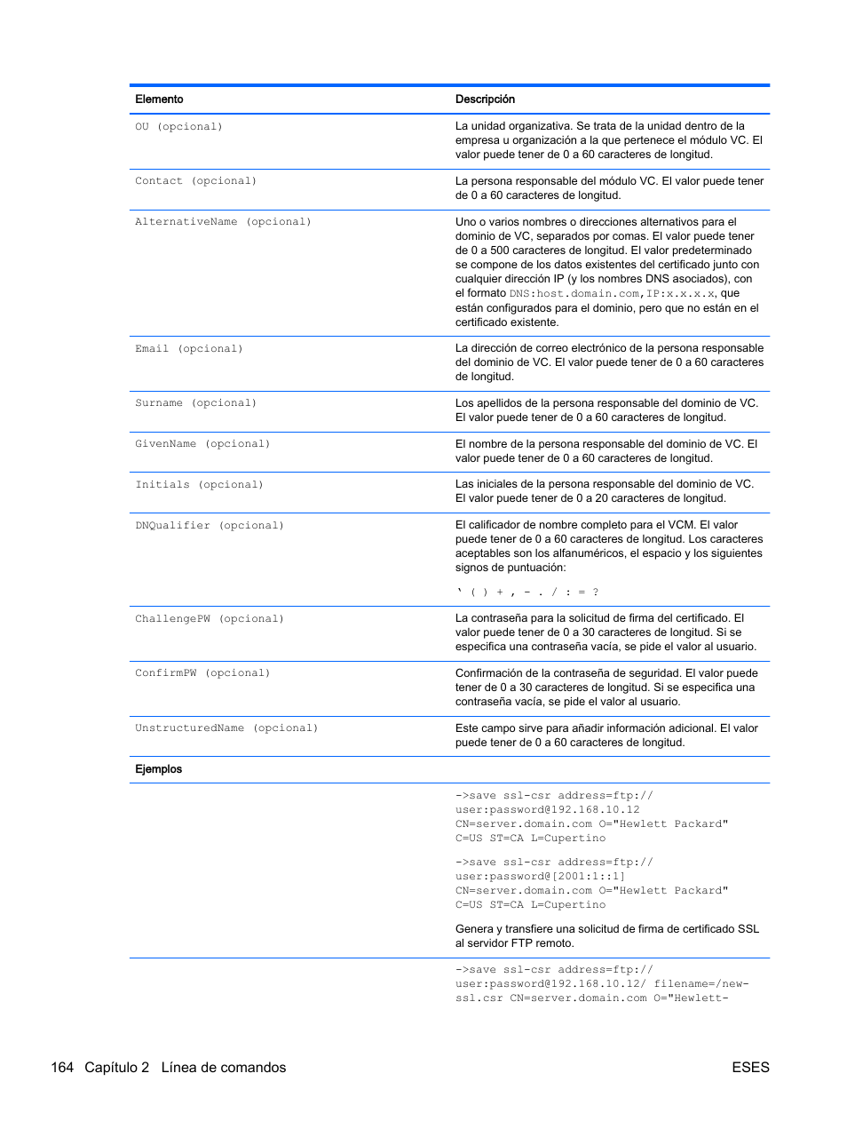 164 capítulo 2 línea de comandos eses | HP Módulo de conexión virtual HP Flex-10.10D para sistema Blade clase-c User Manual | Page 171 / 281