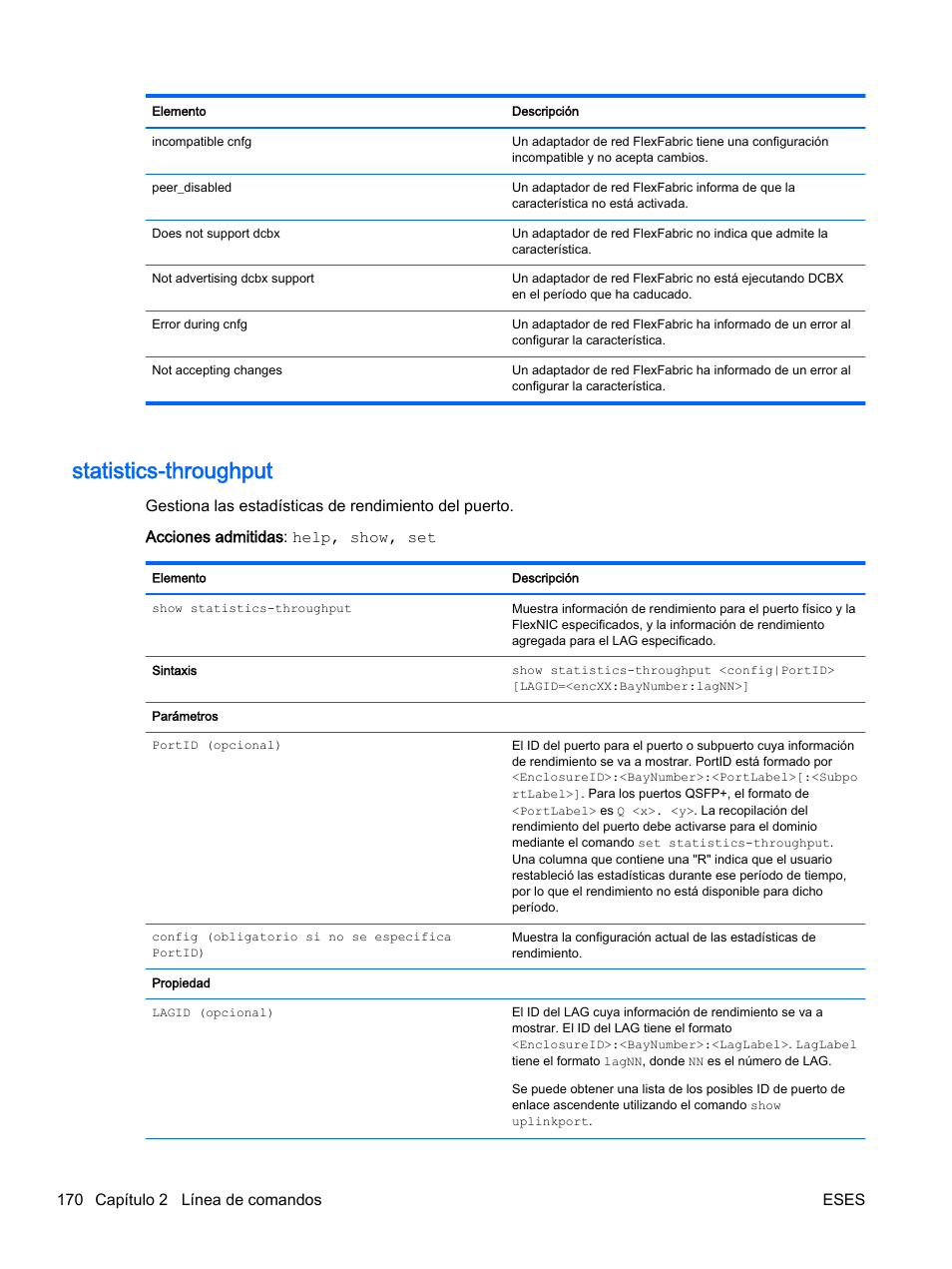 Statistics-throughput, 170 capítulo 2 línea de comandos eses | HP Módulo de conexión virtual HP Flex-10.10D para sistema Blade clase-c User Manual | Page 177 / 281