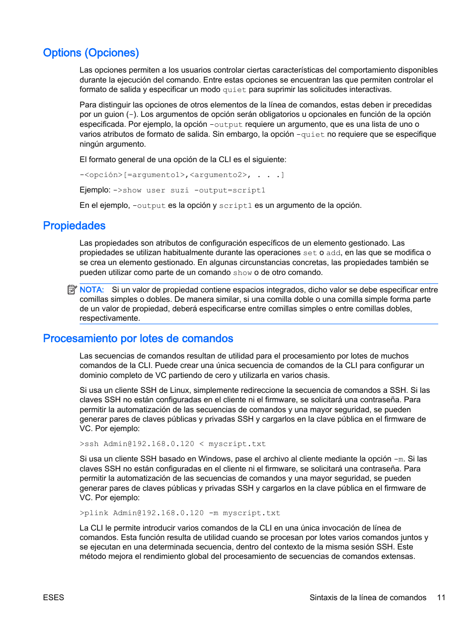 Options (opciones), Propiedades, Procesamiento por lotes de comandos | HP Módulo de conexión virtual HP Flex-10.10D para sistema Blade clase-c User Manual | Page 18 / 281