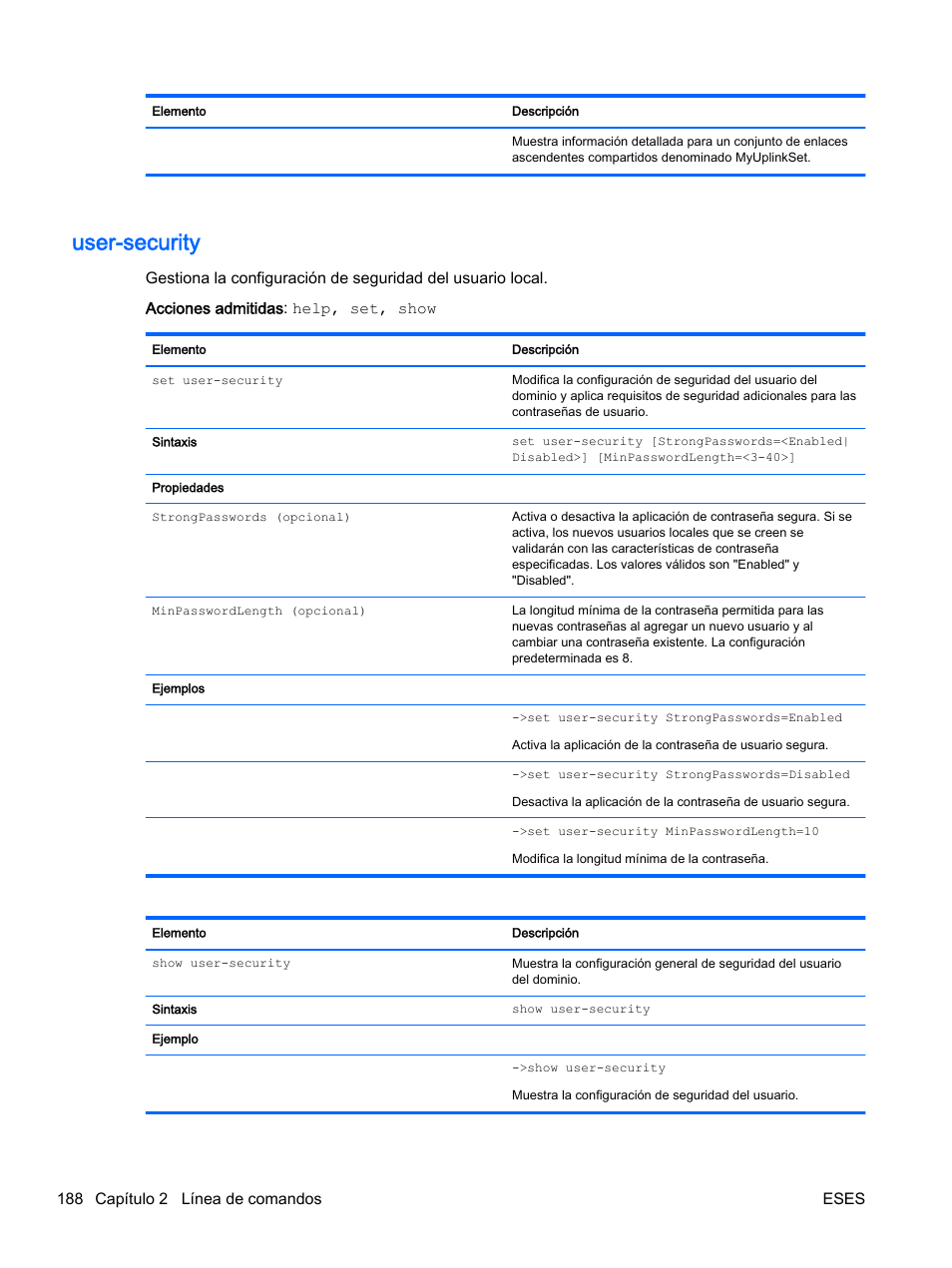 User-security, 188 capítulo 2 línea de comandos eses | HP Módulo de conexión virtual HP Flex-10.10D para sistema Blade clase-c User Manual | Page 195 / 281