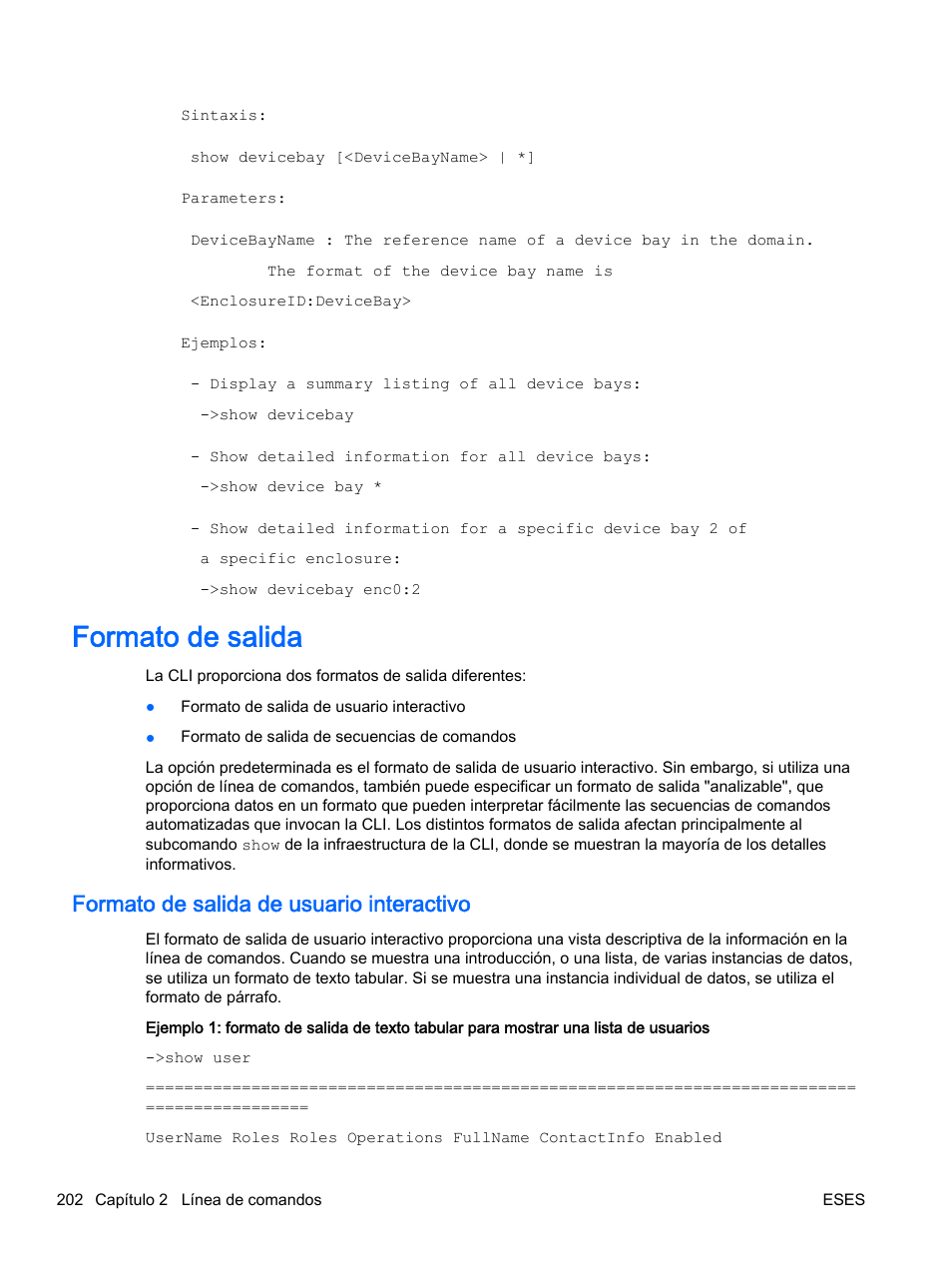Formato de salida, Formato de salida de usuario interactivo | HP Módulo de conexión virtual HP Flex-10.10D para sistema Blade clase-c User Manual | Page 209 / 281