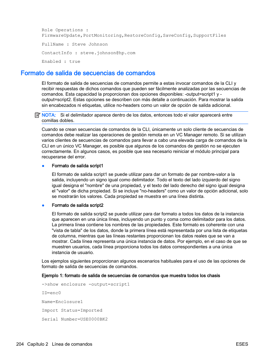 Formato de salida de secuencias de comandos | HP Módulo de conexión virtual HP Flex-10.10D para sistema Blade clase-c User Manual | Page 211 / 281