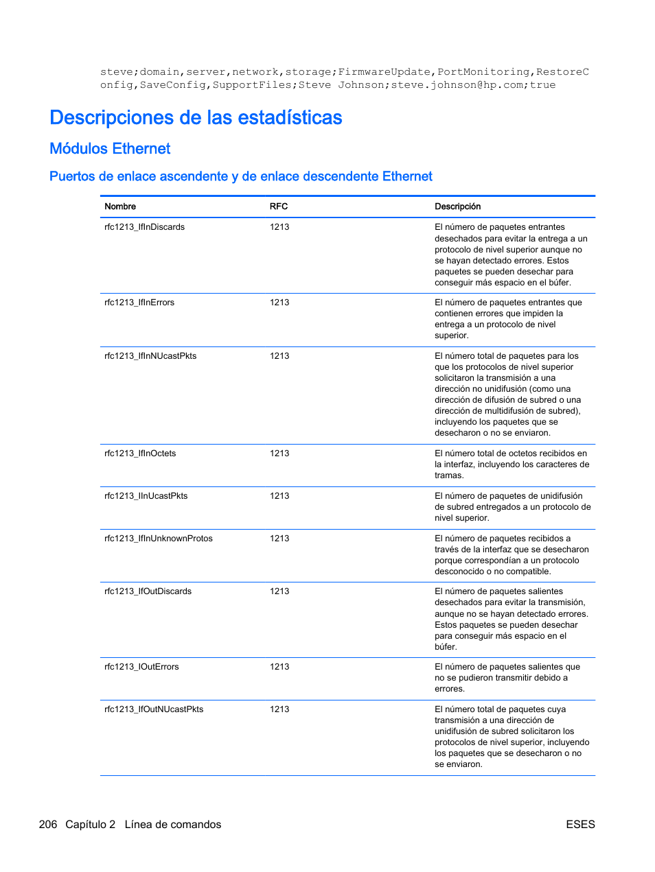 Descripciones de las estadísticas, Módulos ethernet | HP Módulo de conexión virtual HP Flex-10.10D para sistema Blade clase-c User Manual | Page 213 / 281