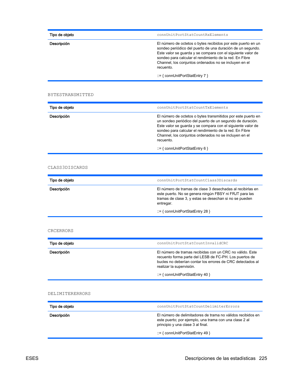 Bytestransmitted, Class3discards, Crcerrors | Delimitererrors, Eses descripciones de las estadísticas 225 | HP Módulo de conexión virtual HP Flex-10.10D para sistema Blade clase-c User Manual | Page 232 / 281