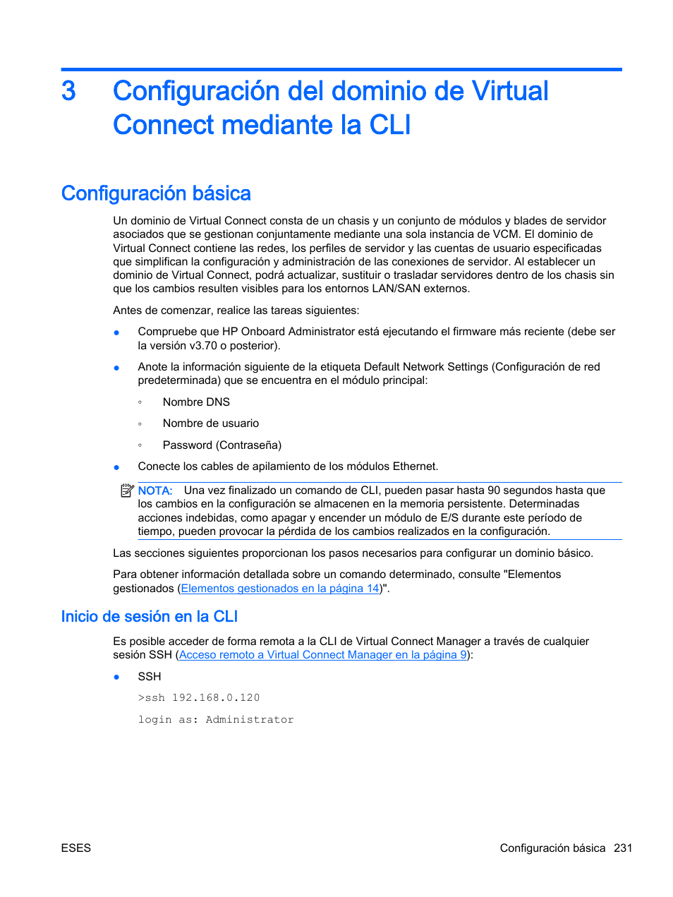 Configuración básica, Inicio de sesión en la cli | HP Módulo de conexión virtual HP Flex-10.10D para sistema Blade clase-c User Manual | Page 238 / 281