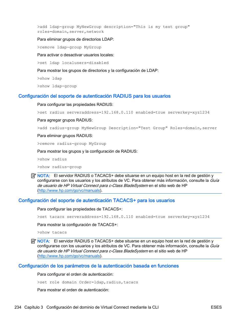 Configure la autenticación basada en funciones, Configuración de los parámetros de la | HP Módulo de conexión virtual HP Flex-10.10D para sistema Blade clase-c User Manual | Page 241 / 281