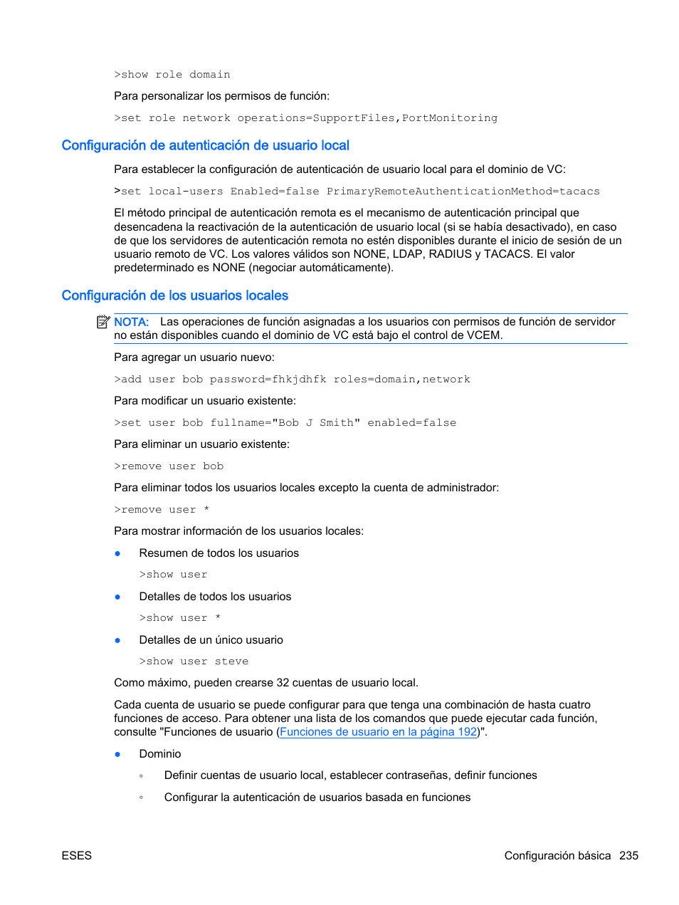 Configuración de autenticación de usuario local, Configuración de los usuarios locales, Configuración de autenticación de | HP Módulo de conexión virtual HP Flex-10.10D para sistema Blade clase-c User Manual | Page 242 / 281