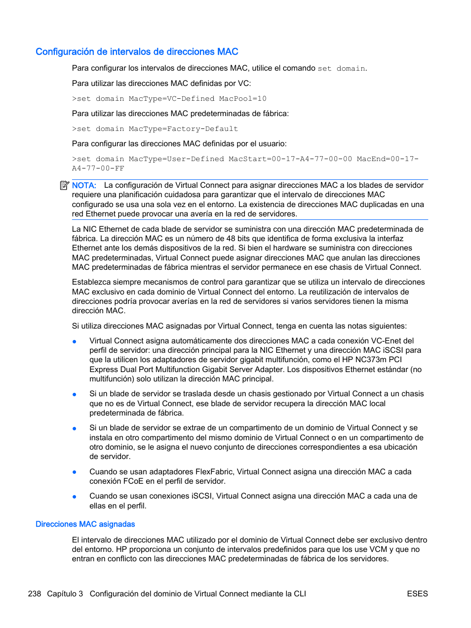 Configuración de intervalos de direcciones mac, Direcciones mac asignadas | HP Módulo de conexión virtual HP Flex-10.10D para sistema Blade clase-c User Manual | Page 245 / 281