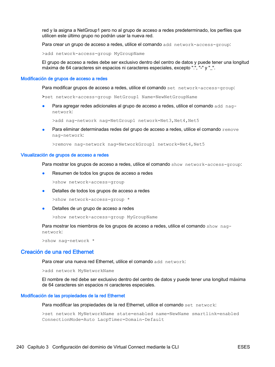 Modificación de grupos de acceso a redes, Visualización de grupos de acceso a redes, Creación de una red ethernet | Modificación de las propiedades de la red ethernet | HP Módulo de conexión virtual HP Flex-10.10D para sistema Blade clase-c User Manual | Page 247 / 281