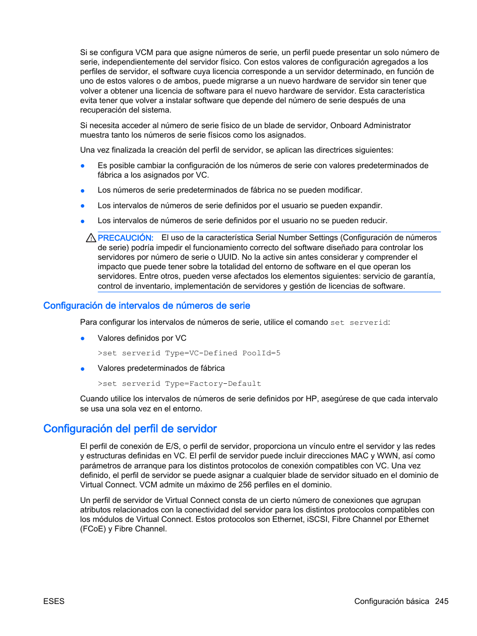 Configuración de intervalos de números de serie, Configuración del perfil de servidor | HP Módulo de conexión virtual HP Flex-10.10D para sistema Blade clase-c User Manual | Page 252 / 281