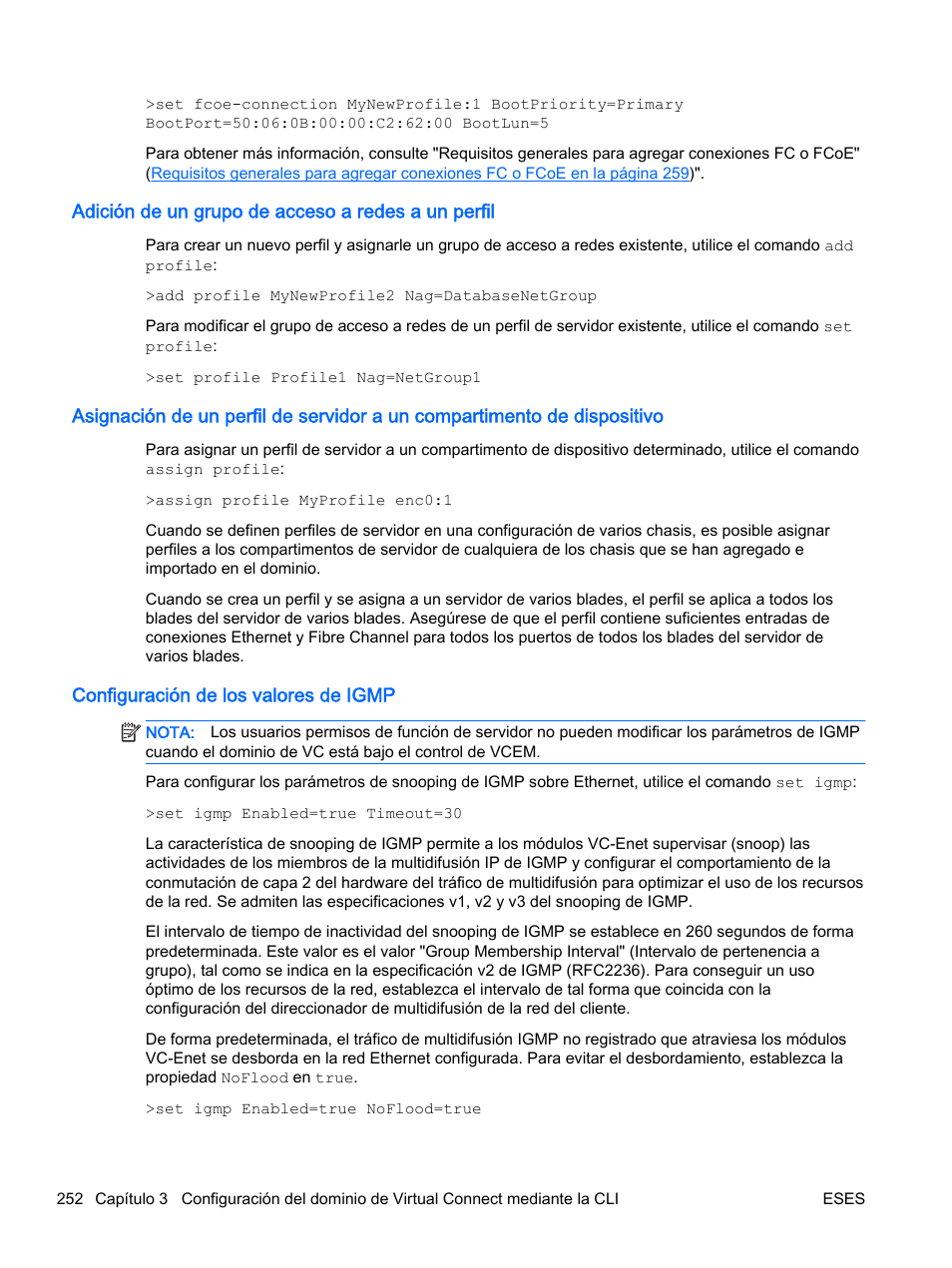Adición de un grupo de acceso a redes a un perfil, Configuración de los valores de igmp | HP Módulo de conexión virtual HP Flex-10.10D para sistema Blade clase-c User Manual | Page 259 / 281