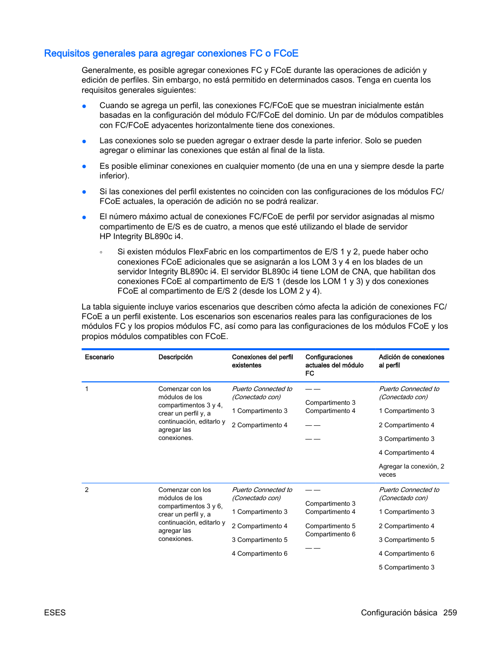 Generales para agregar conexiones fc o fcoe, Requisitos | HP Módulo de conexión virtual HP Flex-10.10D para sistema Blade clase-c User Manual | Page 266 / 281