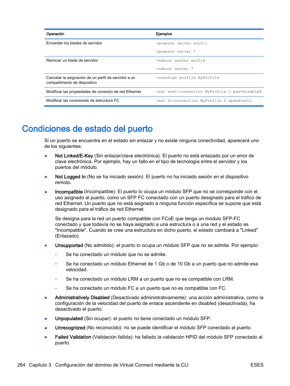Condiciones de estado del puerto, Condiciones de estado | HP Módulo de conexión virtual HP Flex-10.10D para sistema Blade clase-c User Manual | Page 271 / 281