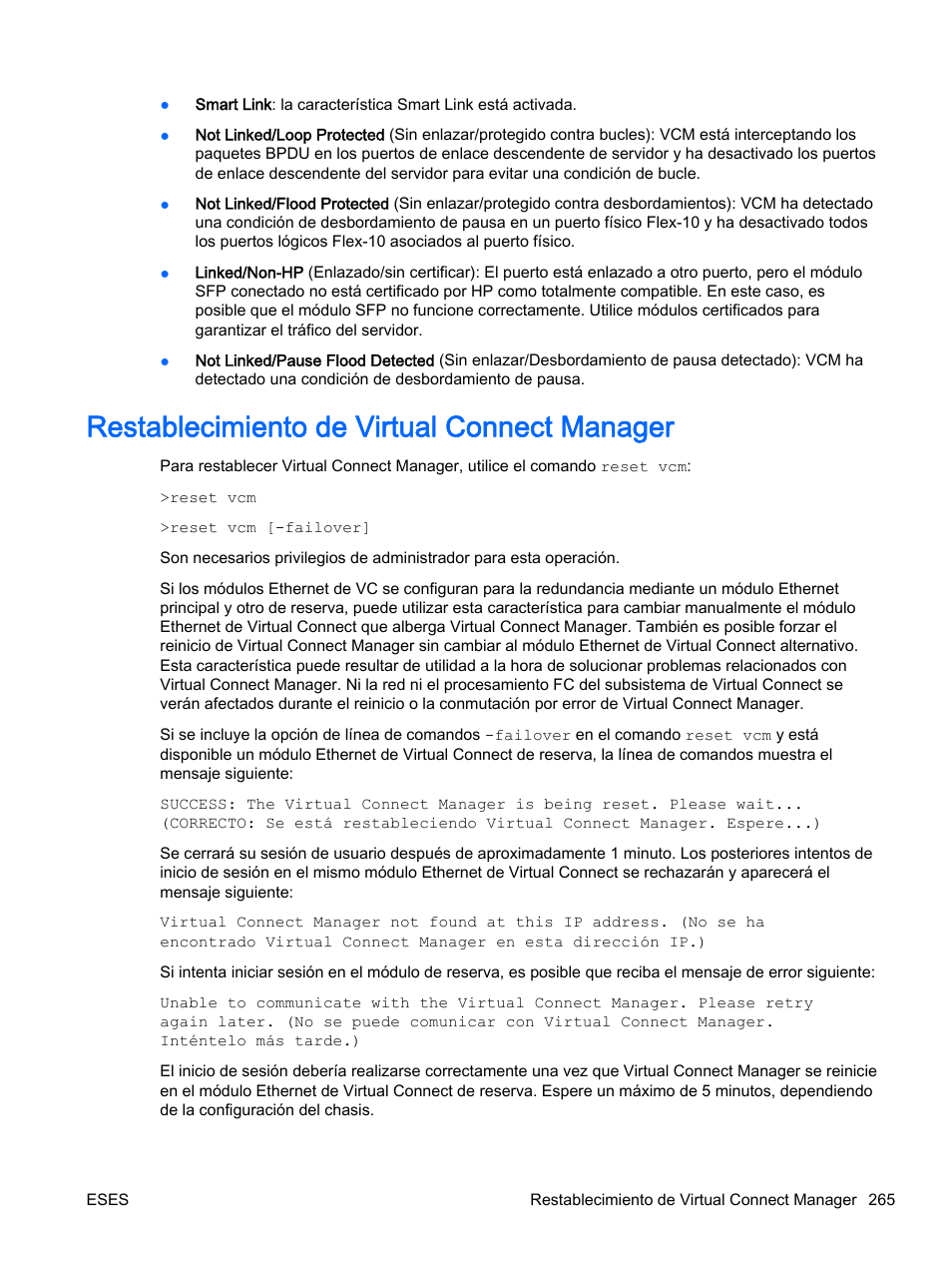 Restablecimiento de virtual connect manager | HP Módulo de conexión virtual HP Flex-10.10D para sistema Blade clase-c User Manual | Page 272 / 281