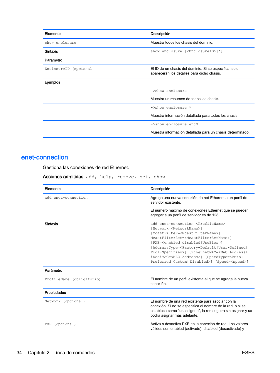 Enet-connection, 34 capítulo 2 línea de comandos eses | HP Módulo de conexión virtual HP Flex-10.10D para sistema Blade clase-c User Manual | Page 41 / 281