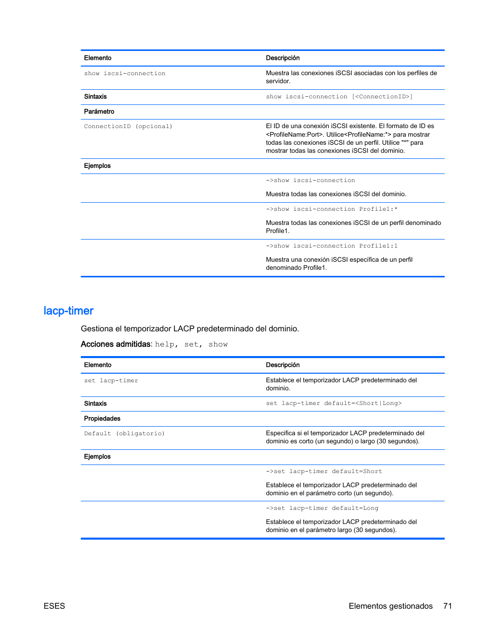 Lacp-timer, Eses elementos gestionados 71 | HP Módulo de conexión virtual HP Flex-10.10D para sistema Blade clase-c User Manual | Page 78 / 281