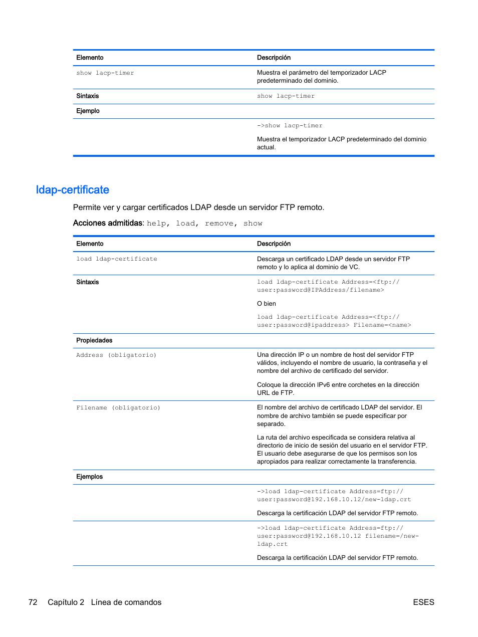 Ldap-certificate, 72 capítulo 2 línea de comandos eses | HP Módulo de conexión virtual HP Flex-10.10D para sistema Blade clase-c User Manual | Page 79 / 281
