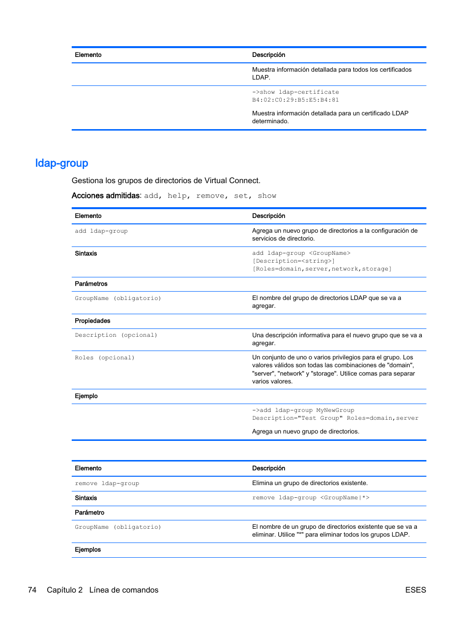 Ldap-group, 74 capítulo 2 línea de comandos eses | HP Módulo de conexión virtual HP Flex-10.10D para sistema Blade clase-c User Manual | Page 81 / 281