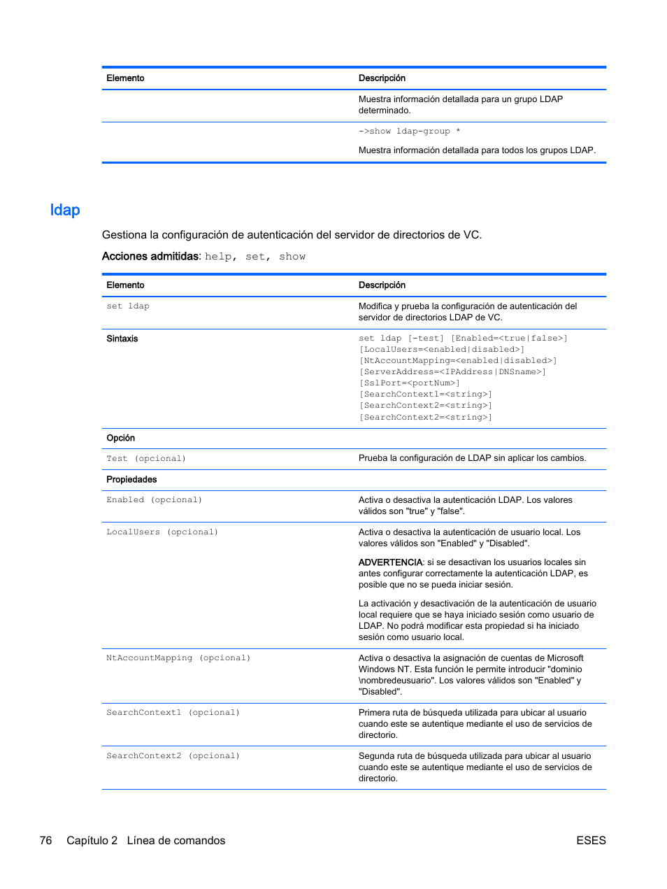 Ldap, 76 capítulo 2 línea de comandos eses | HP Módulo de conexión virtual HP Flex-10.10D para sistema Blade clase-c User Manual | Page 83 / 281