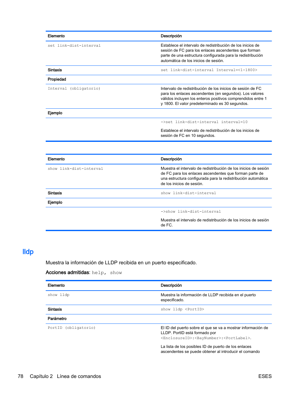 Lldp, 78 capítulo 2 línea de comandos eses | HP Módulo de conexión virtual HP Flex-10.10D para sistema Blade clase-c User Manual | Page 85 / 281
