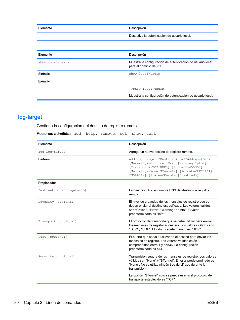 Log-target, 80 capítulo 2 línea de comandos eses | HP Módulo de conexión virtual HP Flex-10.10D para sistema Blade clase-c User Manual | Page 87 / 281