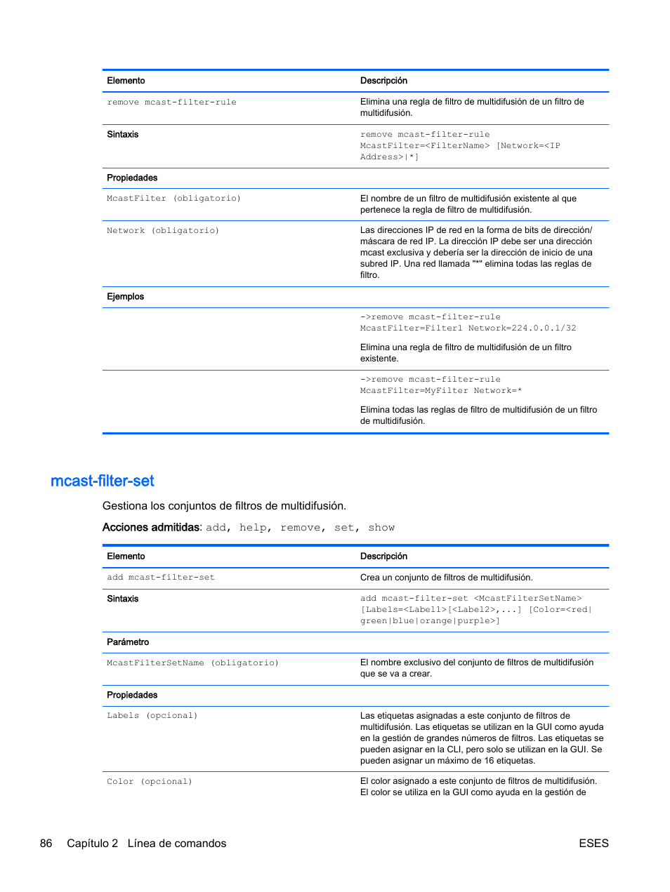 Mcast-filter-set, 86 capítulo 2 línea de comandos eses | HP Módulo de conexión virtual HP Flex-10.10D para sistema Blade clase-c User Manual | Page 93 / 281