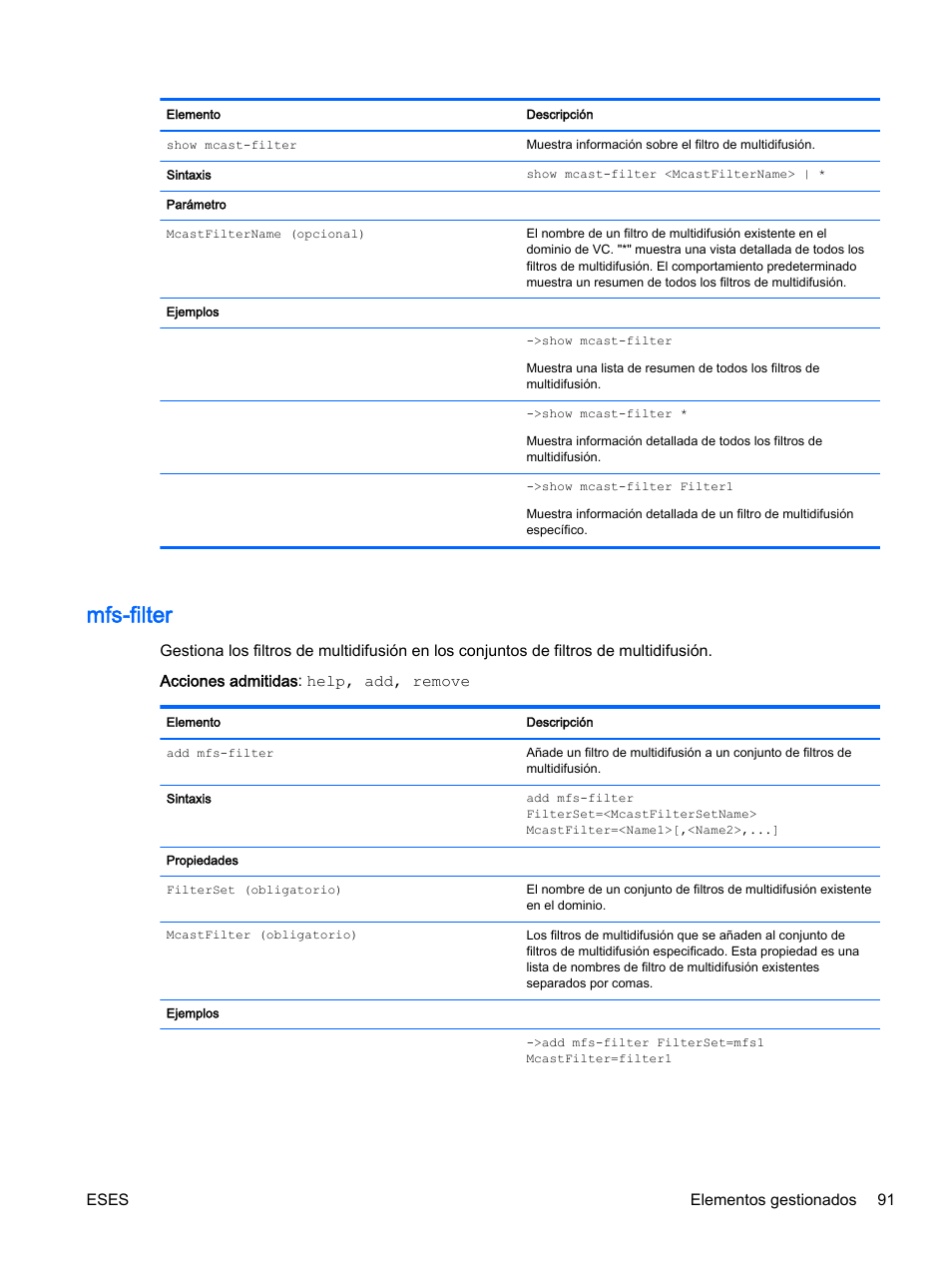 Mfs-filter, Eses elementos gestionados 91 | HP Módulo de conexión virtual HP Flex-10.10D para sistema Blade clase-c User Manual | Page 98 / 281