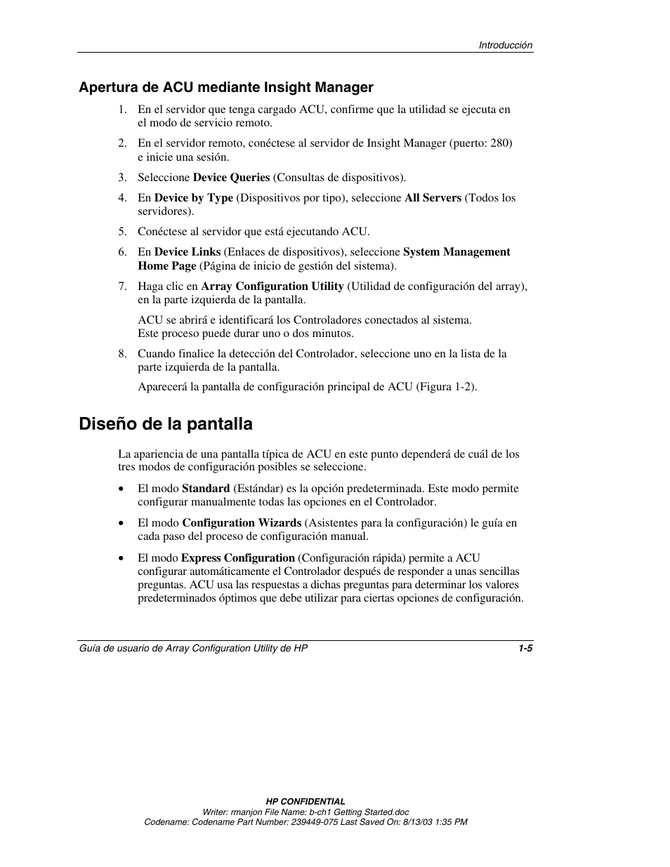 Apertura de acu mediante insight manager, Diseño de la pantalla, Apertura de acu mediante insight manager -5 | Diseño de la pantalla -5 | HP StorageWorks 1000 Modular Smart Array User Manual | Page 13 / 81
