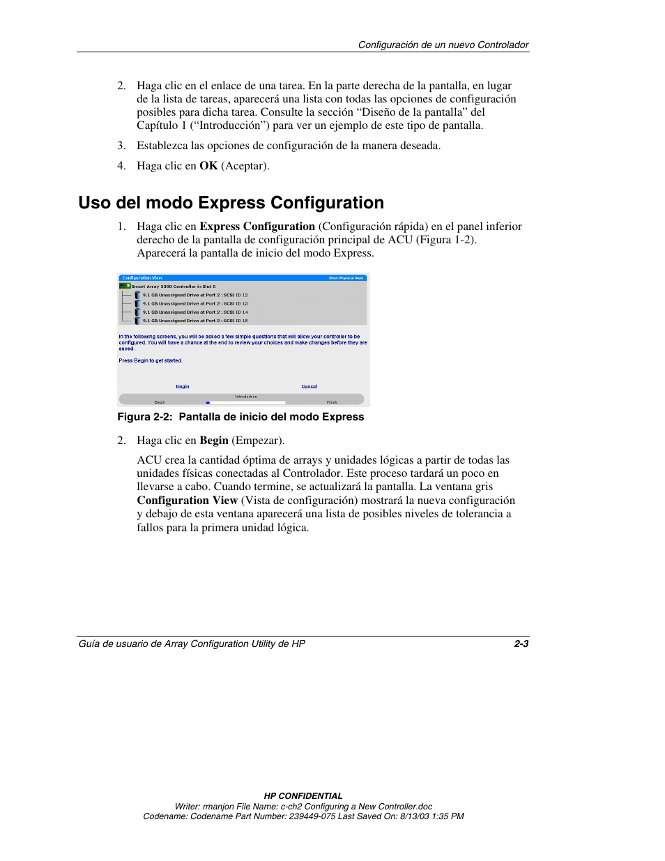 Uso del modo express configuration, Uso del modo express configuration -3 | HP StorageWorks 1000 Modular Smart Array User Manual | Page 19 / 81