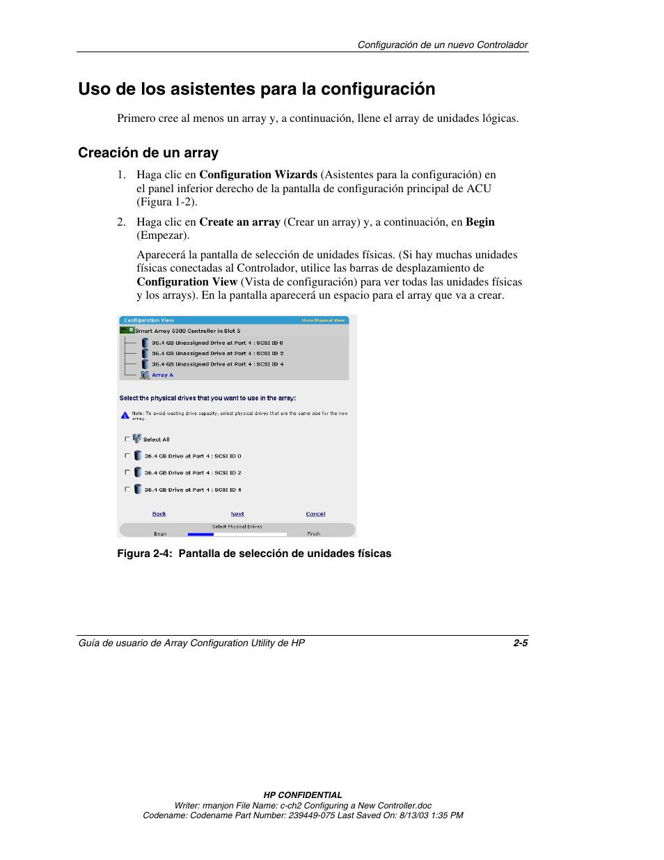 Uso de los asistentes para la configuración, Creación de un array, Uso de los asistentes para la configuración -5 | Creación de un array -5 | HP StorageWorks 1000 Modular Smart Array User Manual | Page 21 / 81