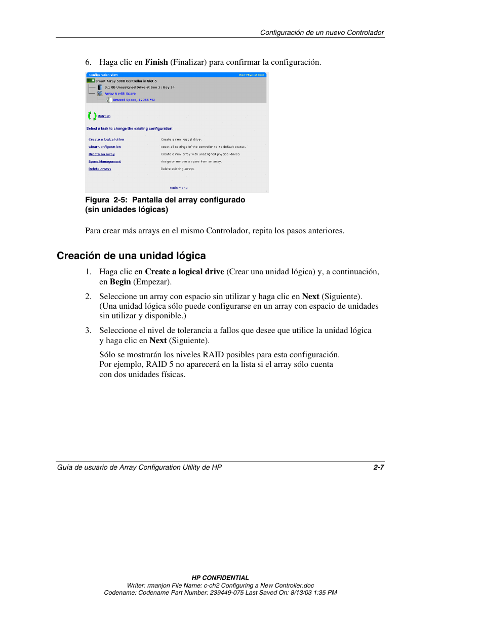 Creación de una unidad lógica, Creación de una unidad lógica -7 | HP StorageWorks 1000 Modular Smart Array User Manual | Page 23 / 81