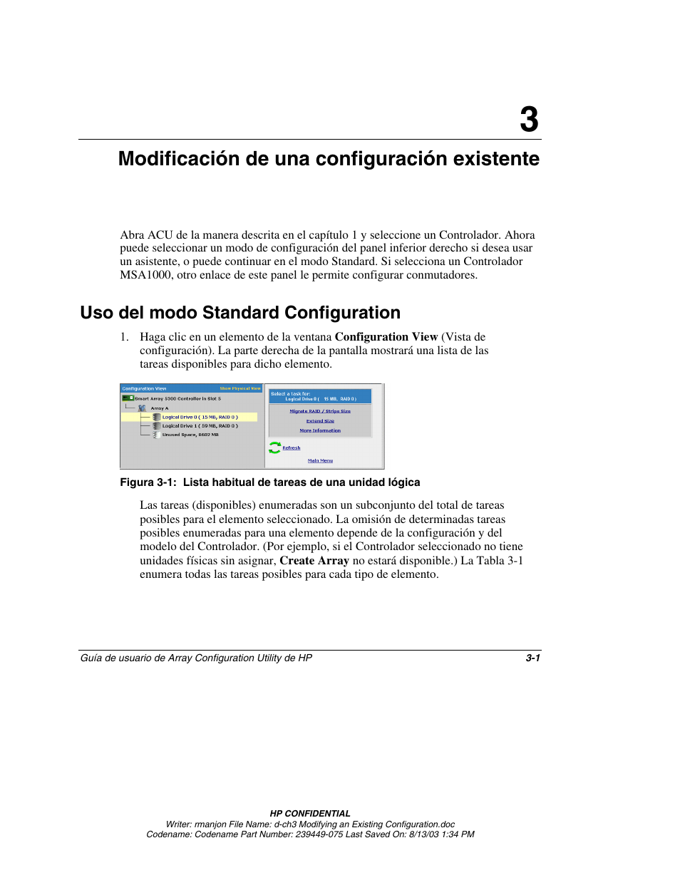 Modificación de una configuración existente, Uso del modo standard configuration, Capítulo 3 | Uso del modo standard configuration -1 | HP StorageWorks 1000 Modular Smart Array User Manual | Page 26 / 81