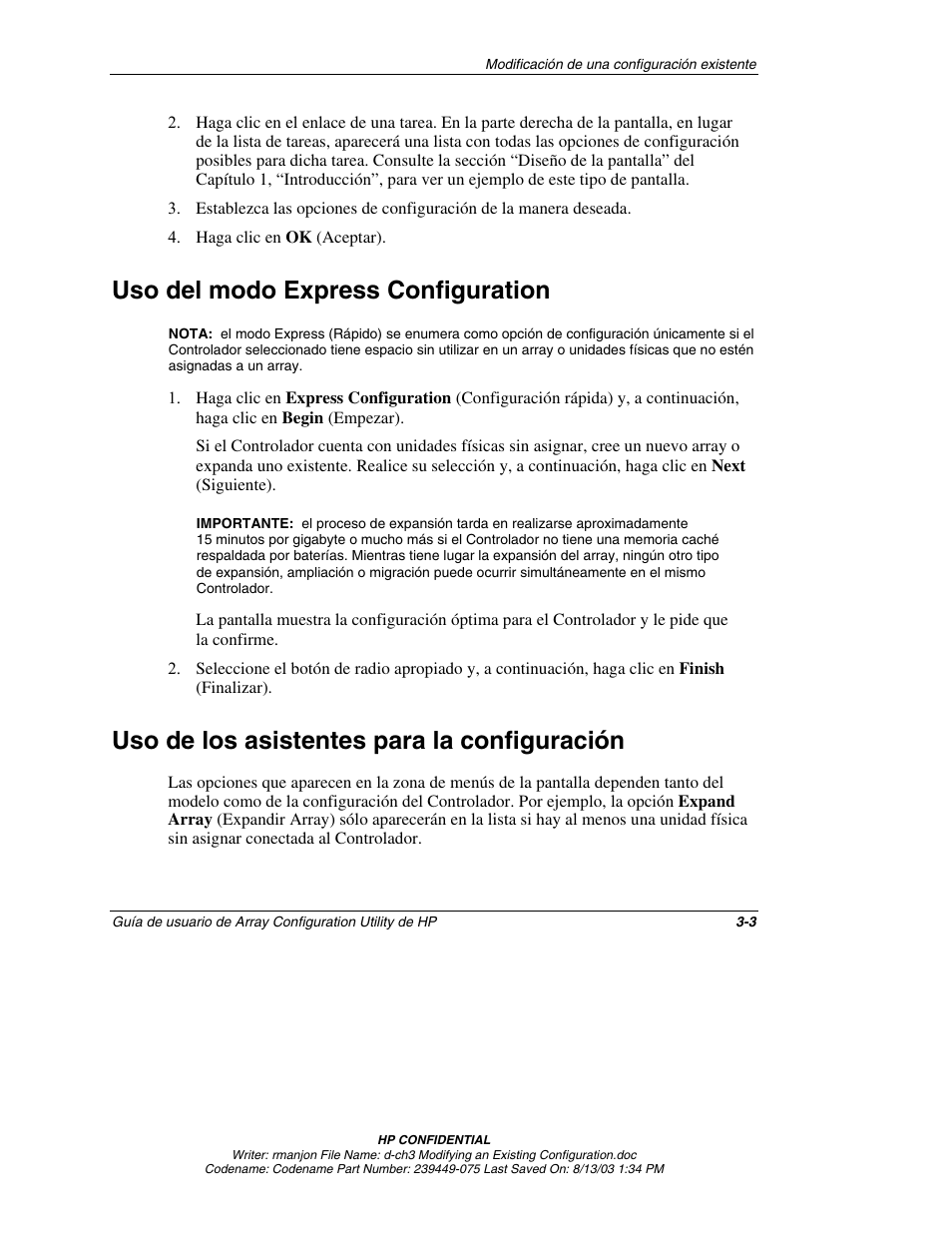 Uso del modo express configuration, Uso de los asistentes para la configuración, Uso del modo express configuration -3 | Uso de los asistentes para la configuración -3 | HP StorageWorks 1000 Modular Smart Array User Manual | Page 28 / 81