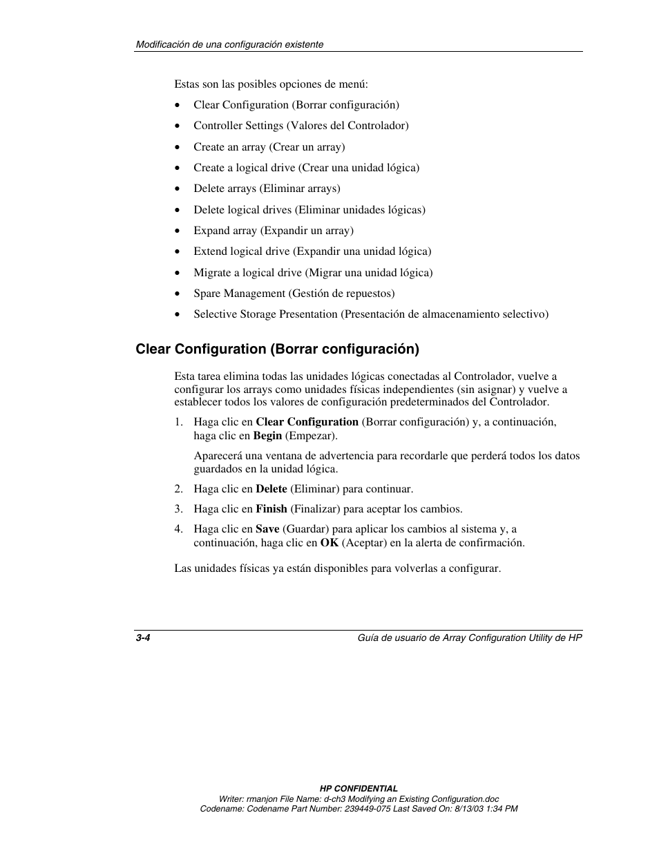 Clear configuration (borrar configuración), Clear configuration (borrar configuración) -4 | HP StorageWorks 1000 Modular Smart Array User Manual | Page 29 / 81
