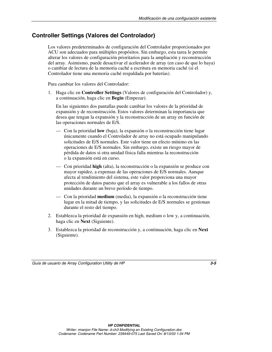 Controller settings (valores del controlador), Controller settings (valores del controlador) -5 | HP StorageWorks 1000 Modular Smart Array User Manual | Page 30 / 81