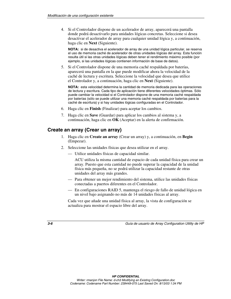Create an array (crear un array), Create an array (crear un array) -6 | HP StorageWorks 1000 Modular Smart Array User Manual | Page 31 / 81