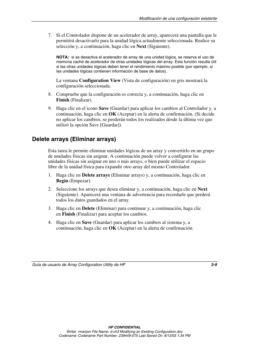 Delete arrays (eliminar arrays), Delete arrays (eliminar arrays) -9 | HP StorageWorks 1000 Modular Smart Array User Manual | Page 34 / 81