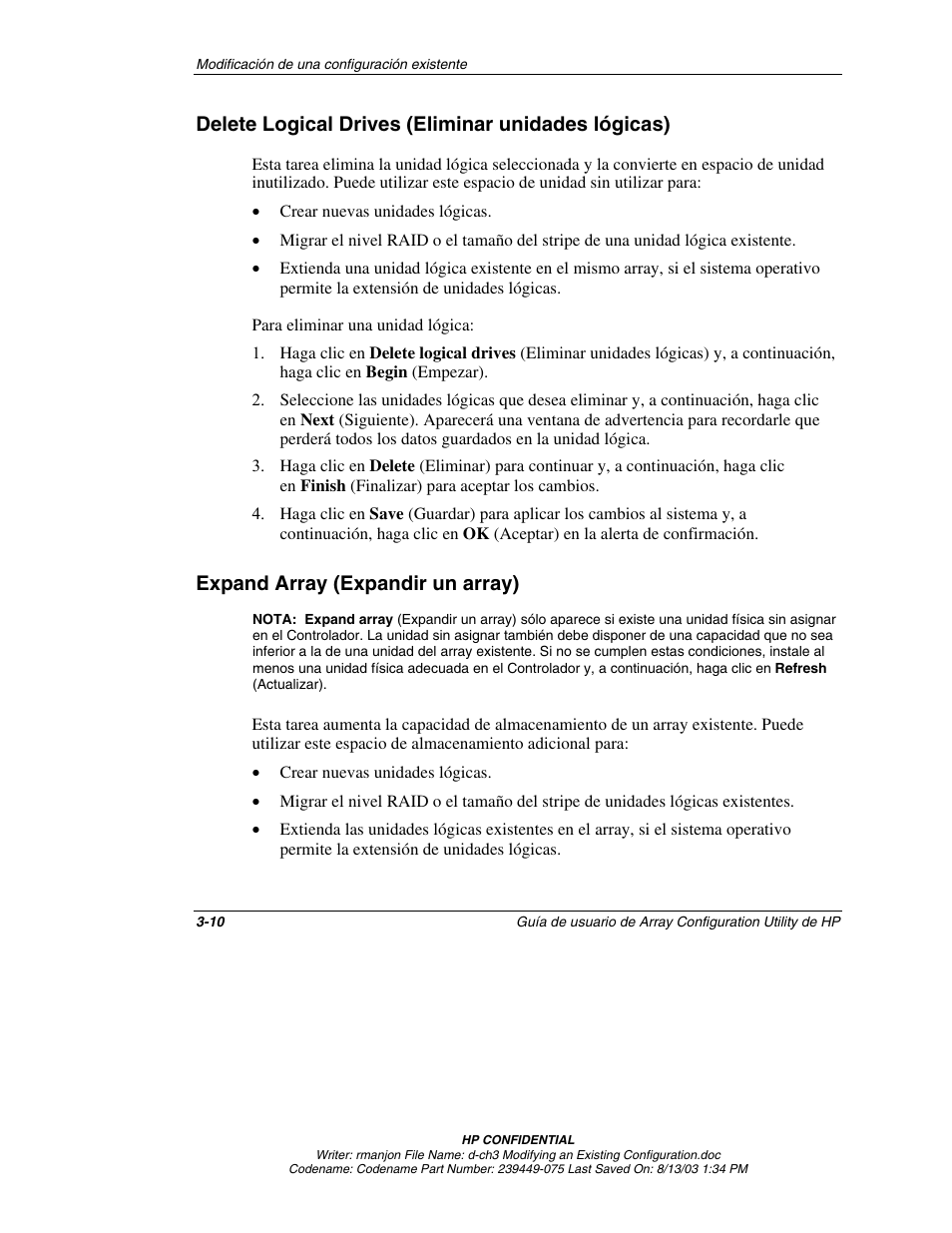 Delete logical drives (eliminar unidades lógicas), Expand array (expandir un array), Expand array (expandir un array) -10 | HP StorageWorks 1000 Modular Smart Array User Manual | Page 35 / 81