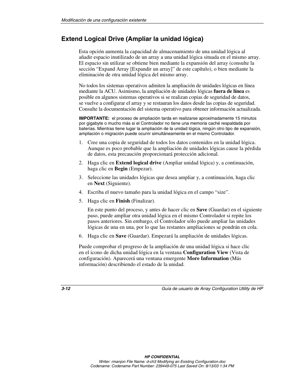 Extend logical drive (ampliar la unidad lógica) | HP StorageWorks 1000 Modular Smart Array User Manual | Page 37 / 81