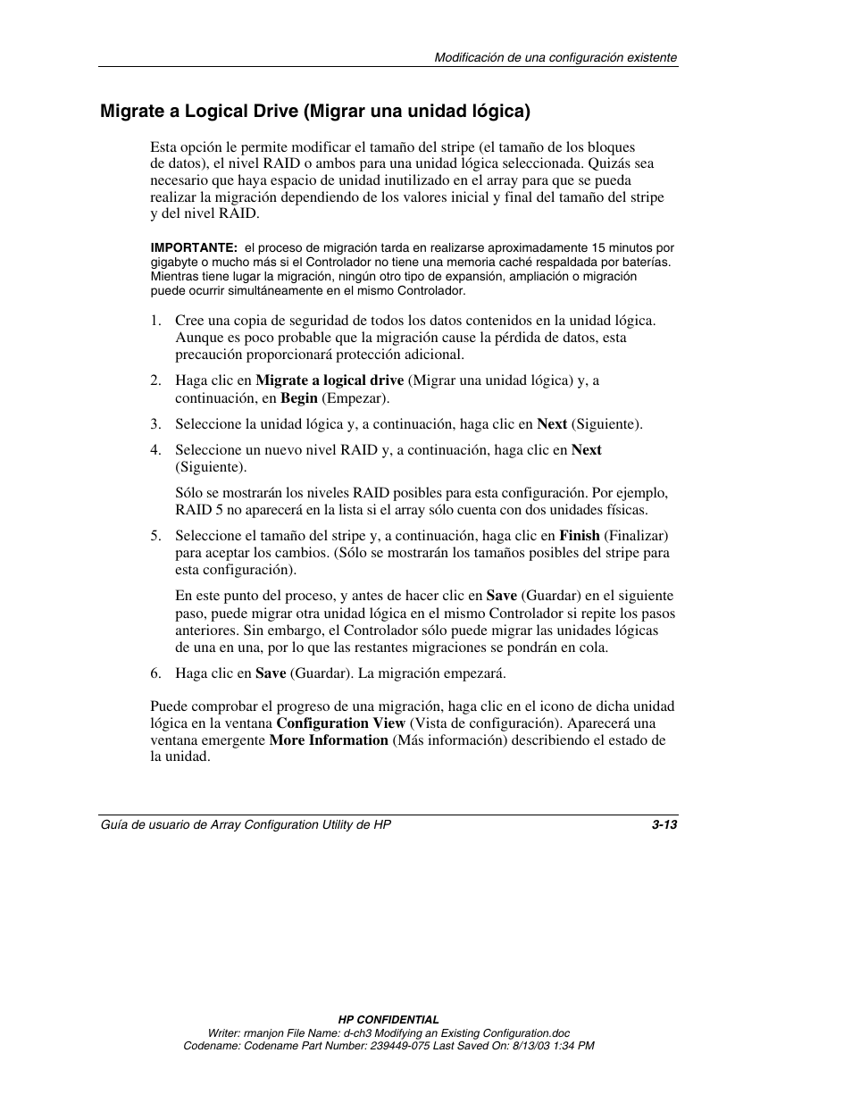 Migrate a logical drive (migrar una unidad lógica) | HP StorageWorks 1000 Modular Smart Array User Manual | Page 38 / 81