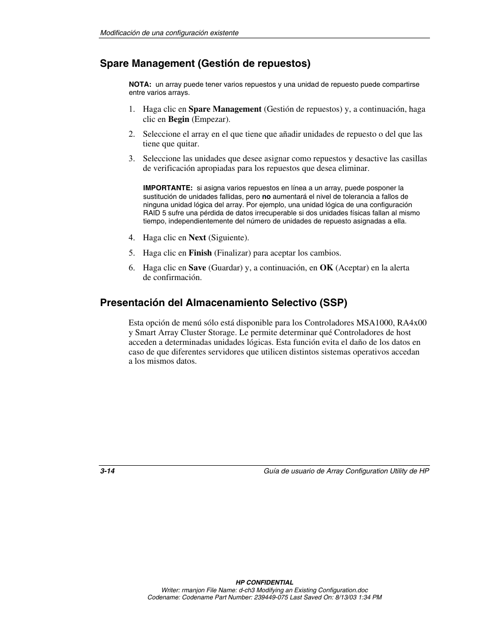 Spare management (gestión de repuestos), Presentación del almacenamiento selectivo (ssp), Spare management (gestión de repuestos) -14 | HP StorageWorks 1000 Modular Smart Array User Manual | Page 39 / 81
